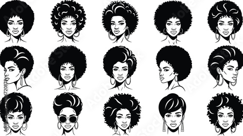 Set of Beautiful Black Woman Silhouettes with Afro Hairstyles, Representing Natural Hair, Beauty, Fashion, African Culture, and Femininity Vector Portraits