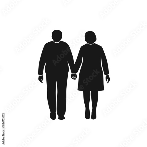 Elderly Couple Walking Flat Icon, Black and White, Transparent Background