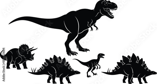 Set of black and white vector dinosaur silhouettes including Tyrannosaurus Rex, Triceratops, and Stegosaurus, isolated on white background for prehistoric design.