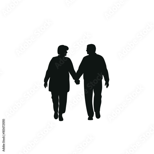 Elderly Couple Walking Together Flat Icon, Black and White, Transparent Background