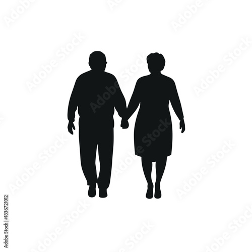 Elderly Couple Walking Flat Icon, Black and White, Transparent Background