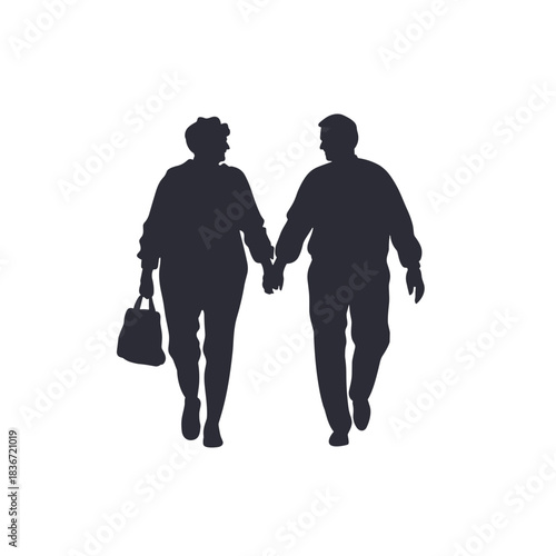 Elderly Couple Walking Flat Icon, Black and White, Transparent Background
