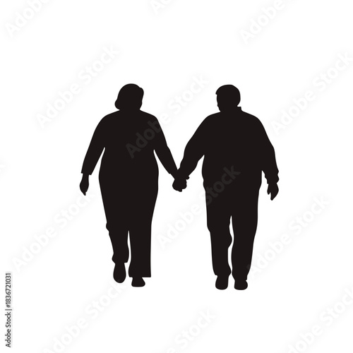 Elderly Couple Walking Flat Icon, Black and White, Transparent Background