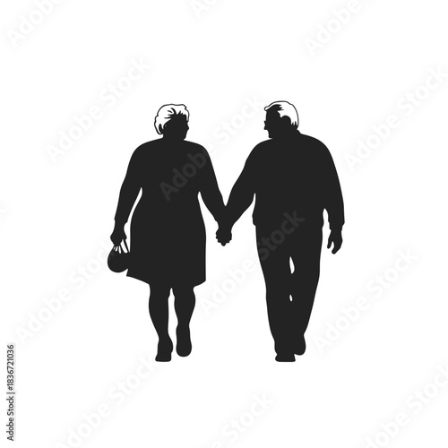 Elderly Couple Walking Together Flat Icon, Black and White, Transparent Background