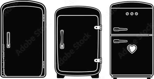 Set of black and white vector refrigerator silhouettes, featuring retro and modern kitchen appliance styles, isolated on white background for graphic design.