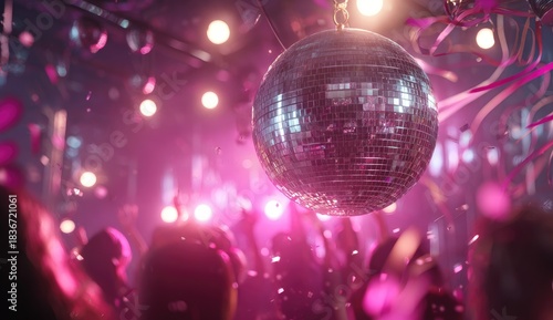 Glittering disco ball above a crowd celebrating with pink streamers and lights