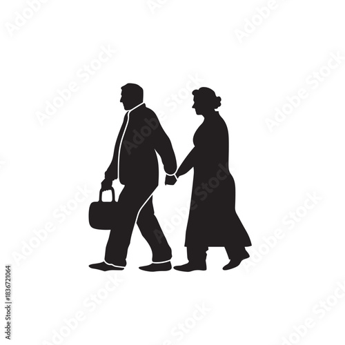 Elderly Couple Walking Flat Icon, Black Silhouette, Transparent Background