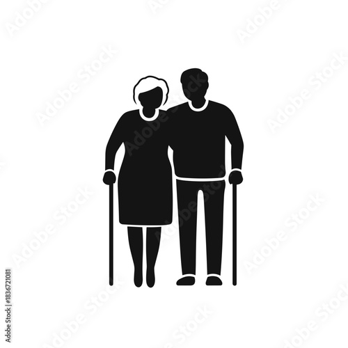 Elderly Couple Flat Icon, Black Silhouette, Transparent Background