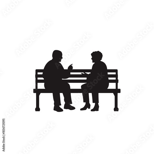 Elderly Couple on Bench Flat Icon, Black Silhouette, Transparent Background