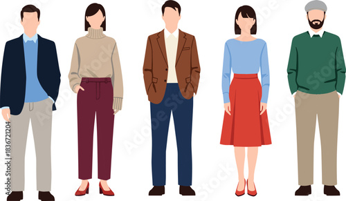 Diverse Lineup of Young Casual Adults Standing Full Body Portrait in Simple Colorful Clothing Isolated Vector Illustration