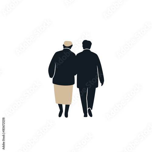 Couple Walking Together Flat Icon, Black and Beige, Transparent Background