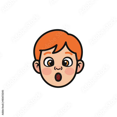 Surprised Cartoon Boy Face with Open Mouth and Wide Eyes Expression Orange Hair Pale Skin and Rosy Cheeks on Black Background