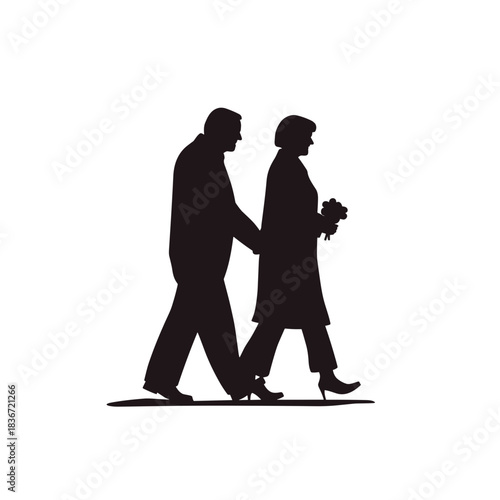 Couple Walking with Flowers Flat Icon, Black Silhouette, Transparent Background
