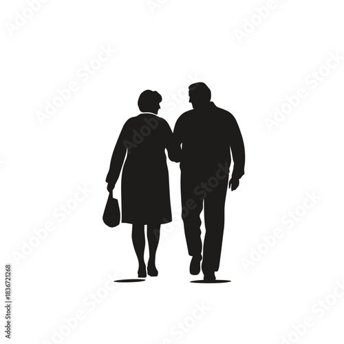 Walking Couple with Bag Flat Icon, Black Silhouette, Transparent Background