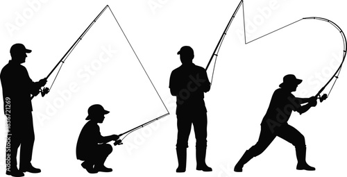 Fishing silhouette vector set, black angler figures, casting pose, reeling motion, outdoor activity, sport concept, minimal design illustration