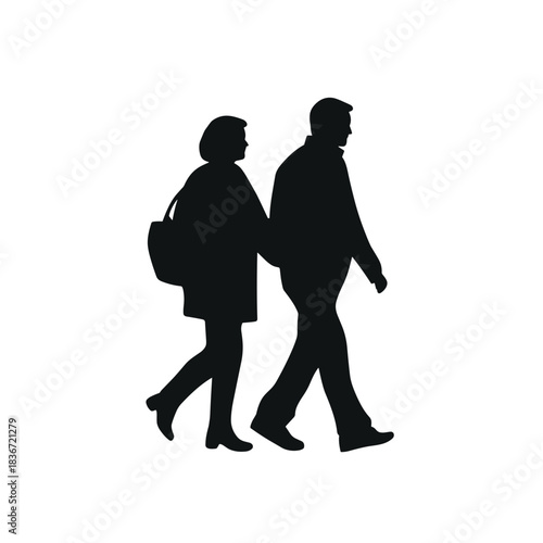 Walking Couple Side View Flat Icon, Black Silhouette, Transparent Background