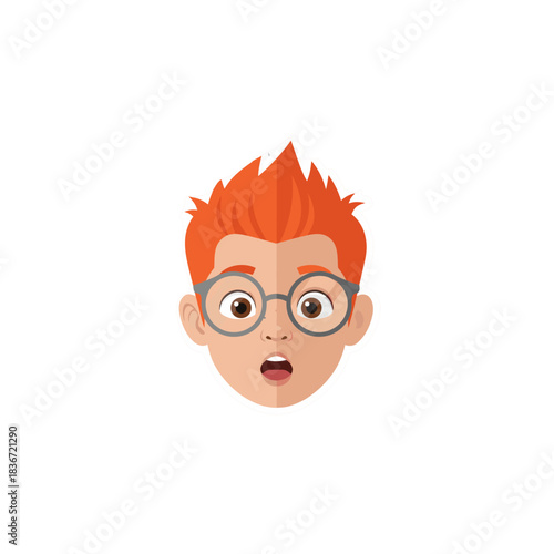 Surprised Young Boy With Spiky Orange Hair and Round Glasses Expressing Shock and Astonishment Against a Black Background