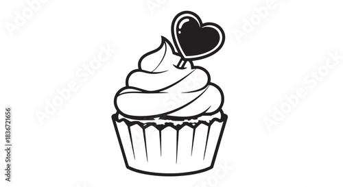 Delicate line drawing of a cupcake with heart on top.
