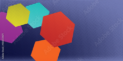 A geometric pattern of randomly colored pentagons hexagon combined with a sprinkling of dots.