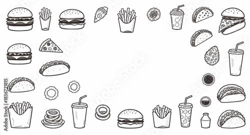 Fast Food Doodle Set Vector Illustration on White