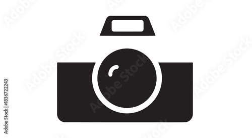 Minimal black camera icon silhouette for design and branding use.