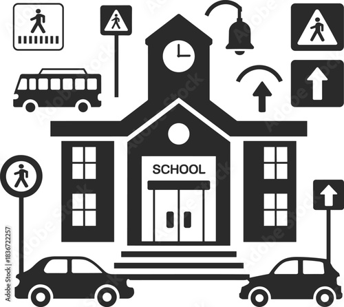 School zone safety vector illustration, traffic signs around school building, pedestrian crossing, school bus, road awareness, children safety, urban education environment