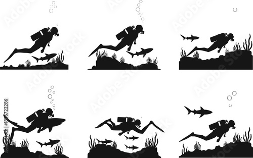 Scuba Divers and Sharks Vector Set, Black Silhouette Underwater Illustrations, Marine Life Interaction, Ocean Adventure, Aquatic Exploration, Coral Reef Scene