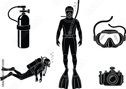Scuba diving equipment vector illustration, diver with oxygen tank, mask, snorkel, fins, and underwater camera, marine exploration and adventure design