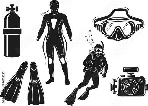 Scuba diving equipment vector illustration, diver with wetsuit, oxygen tank, flippers, underwater camera, and mask, marine adventure and underwater exploration concept