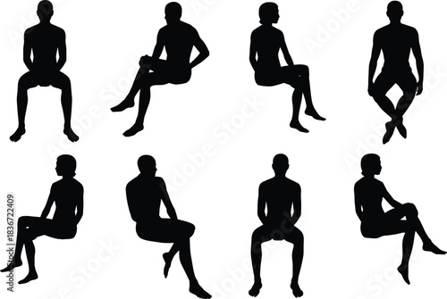 Seated person silhouette vector illustration, black sitting pose icons, human posture design, ergonomic reference artwork, character modeling graphic, white background