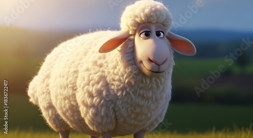 Cartoon sheep standing in a green field with a smile