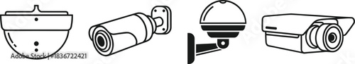 Security camera icon set, surveillance CCTV system vector illustration, safety monitoring equipment, modern video recording device symbols for security design collection