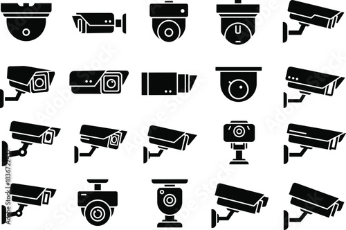 Security camera icons collection, CCTV surveillance system vector illustration, modern safety monitoring equipment, video protection and observation technology design elements for security projects