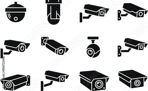 Security camera icons collection, CCTV surveillance system vector illustration, modern video monitoring equipment, safety protection technology design elements for security projects