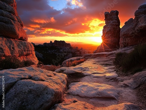 Golden Sunset over Rocky Terrain a Majestic View of a Mountainous Landscape