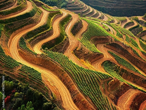 Terraced farmland with winding dirt paths create a scenic landscape view of agriculture
