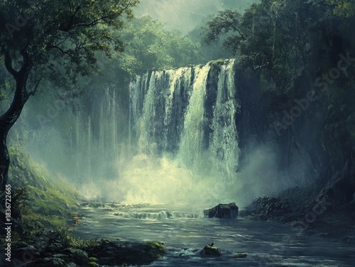 A serene and misty waterfall cascading into a tranquil river surrounded by lush greenery