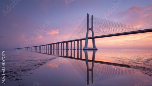 Long cable-stayed bridge spans calm water at sunrise, reflected perfectly