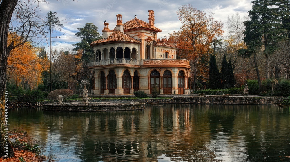 Obraz premium Architectural marvel nestled amidst autumnal foliage by a tranquil reflecting pond