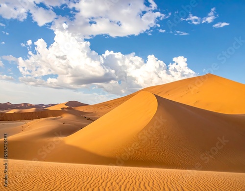 Fototapeta Naklejka Na Ścianę i Meble -  Vast golden dunes under a bright blue sky with fluffy white clouds