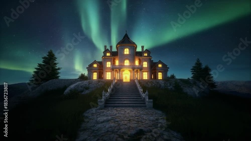 Majestic illuminated building with aurora borealis lights in the night sky