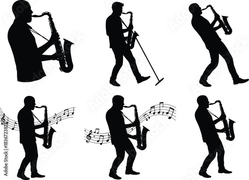 Saxophone player silhouette vector, musical performance poses, jazz musician art, dynamic music illustration, artistic expression, sound and rhythm, stage presence