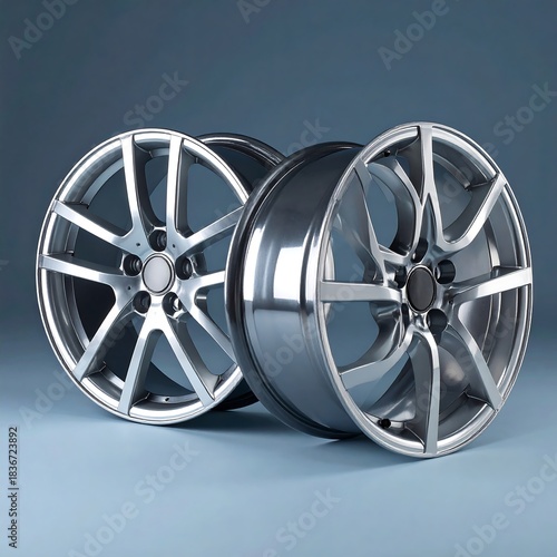 Two shiny, multi-spoke automotive wheels sit side by side, on blue backdrop