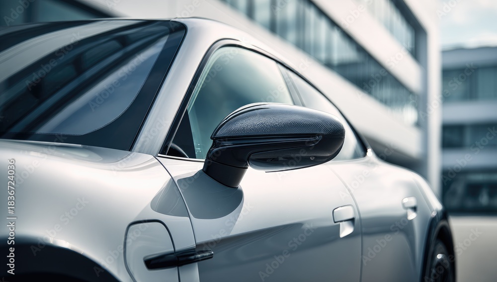 Fototapeta premium Sleek, silver electric vehicle parked against a modern, mirrored building exterior