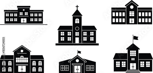 School and church buildings vector icons, educational and religious institution silhouettes, community landmarks design, public facility symbols, isolated black vector illustrations