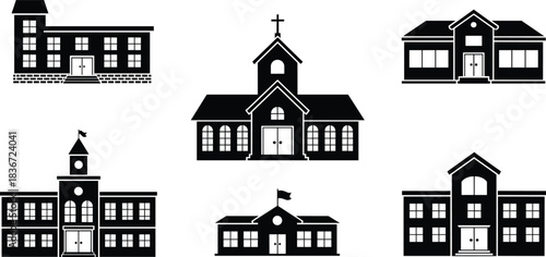 School and church buildings vector icons, educational and religious institutions silhouettes, public facilities illustration, community landmarks graphic design, isolated black symbols