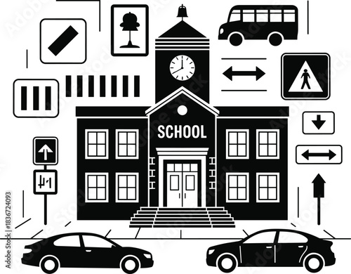 School building with traffic signs, road safety symbols, pedestrian zone icons, school bus, stop and yield signs, vector education zone illustration