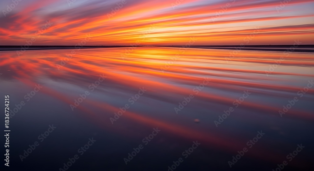 Fototapeta premium Vivid sunset painting the sky with fiery hues reflected on a tranquil water surface, creating a breathtaking natural spectacle