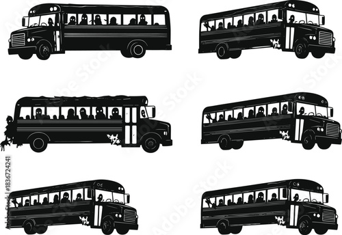 School bus silhouette vector, children inside bus, transportation safety illustration, black icon set, educational commute concept, side view design