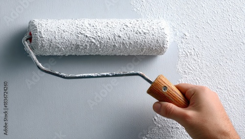Hand holding paint roller applying white paint to textured wall